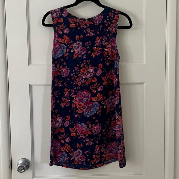 Ebony Eve 100% Silk Floral Mini Dress Navy with Pink Orange flowers, Size 2 - Picture 1 of 4